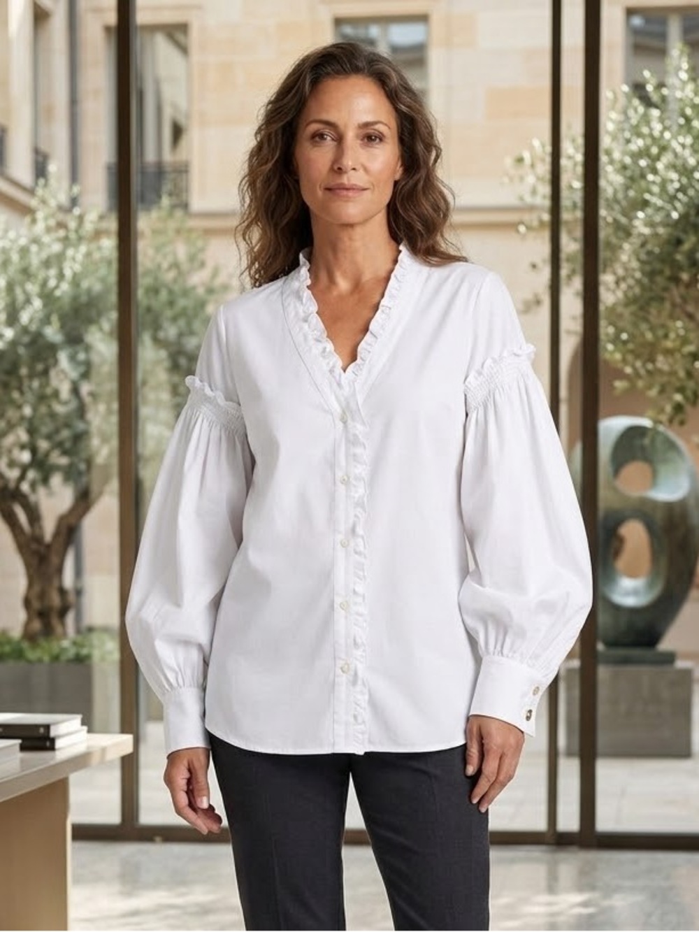 Lauren Ralph Lauren White Solid V-Neck Ruffle Button-Up Woven Cotton Blouse XL